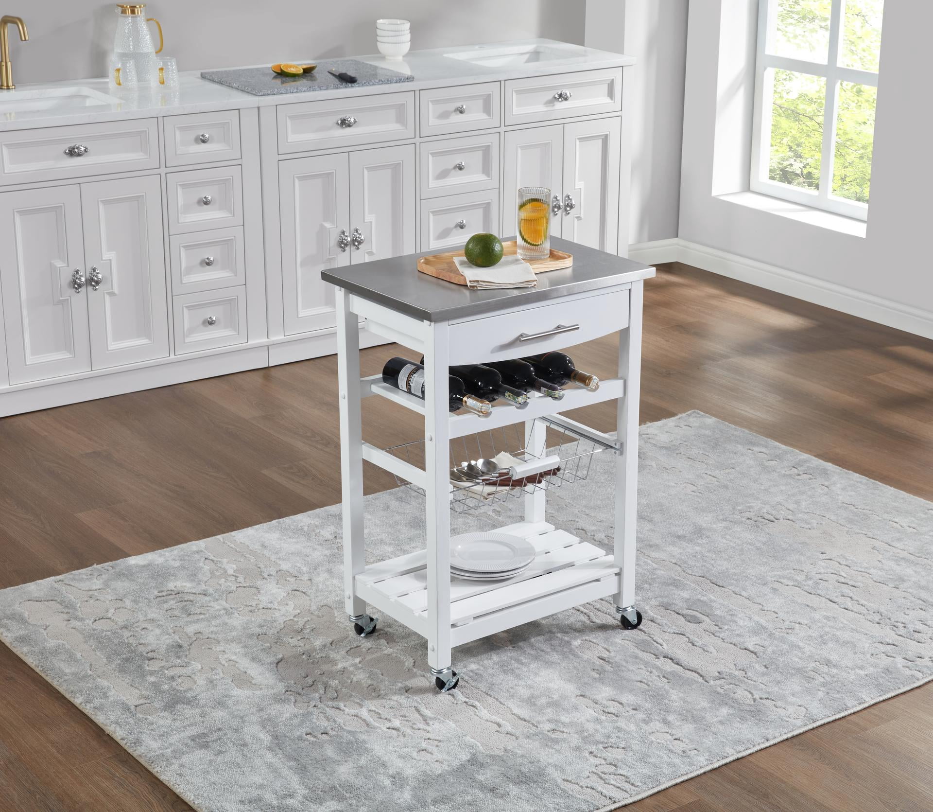 Mobile Rolling Kitchen Island Trolley Serving Cart with Underneath Drawer & Slide-Out Wire Storage Basket