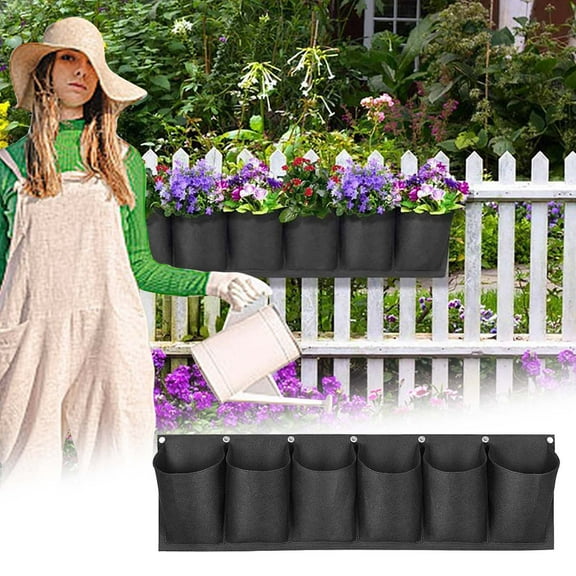 PEONAVET Hanging Grow Bags for Outdoor Plants, 6 Pocket Wall Mounted Plant Bags, Hanging Plant Holder for Railing, Balcony, Fence Clerance Under $1