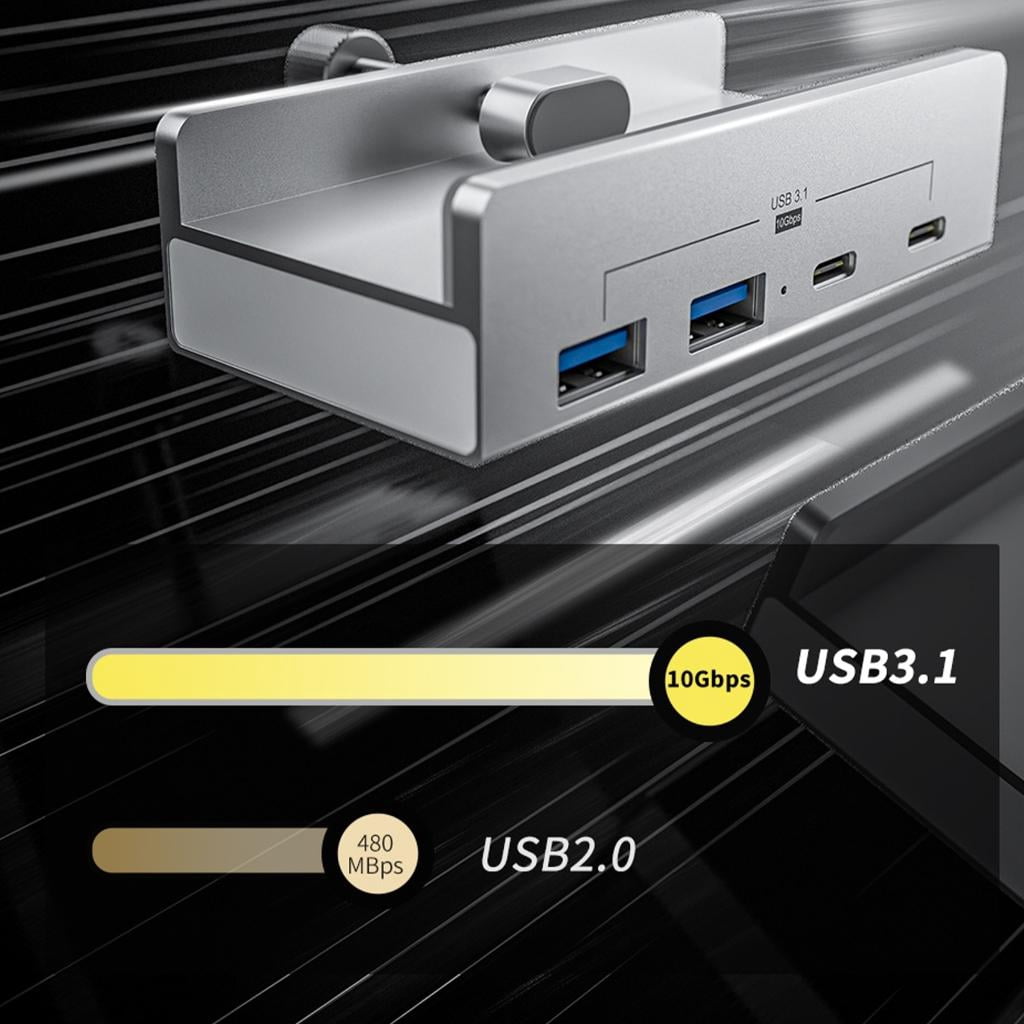LAIQIEN 10Gbps USB C USB Hub 4 Ports Aluminum USB 3.1 Docking Hub Clamp for Desk Computer with 5V 2A Extra Power Supply Port