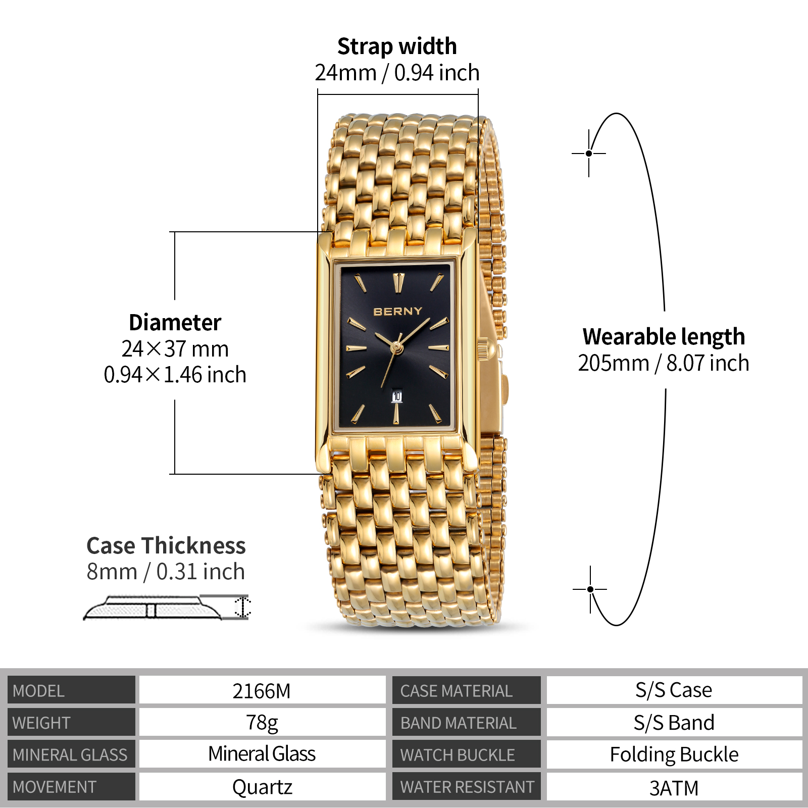 BERNY Men's Gold Rectangular Watch, Stainless Steel Quartz Wristwatch, Date Function, 3ATM Waterproof, Folding Clasp, Business Dress Watch for Men, Gift for Him (Black)