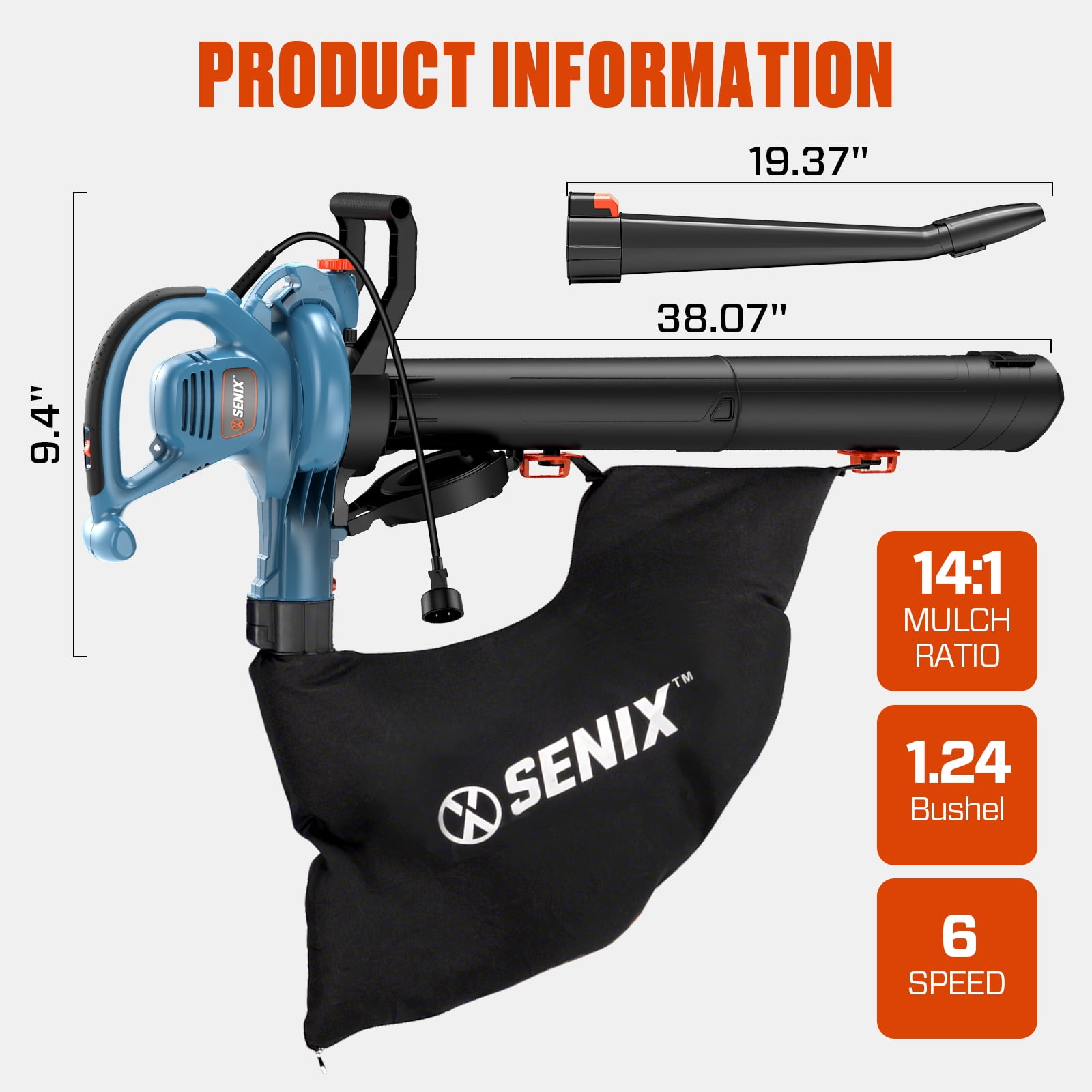SENIX 120 Volt Max* 12 Amp Corded 3-in-1 Leaf Blower w/Vacuum/Mulcher, Up to 420 CFM and 179 MPH, BLVE12-M