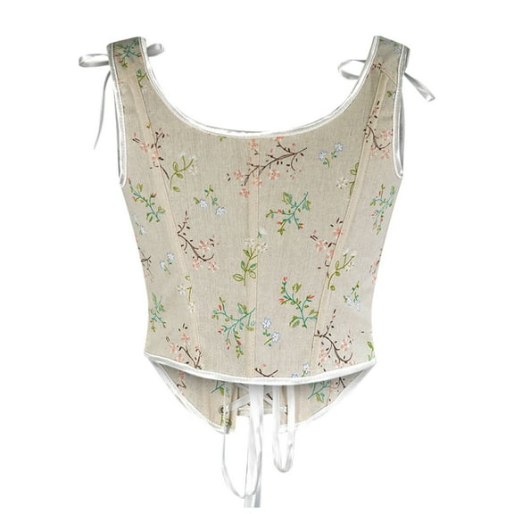 Odeerbi Corset Top for Women Shapewear Bodyshaper Tummy Control Waist Trainer Casual Erogenous Eyelet Lace-up Floral Print Fishbone Court Vintage Straps White