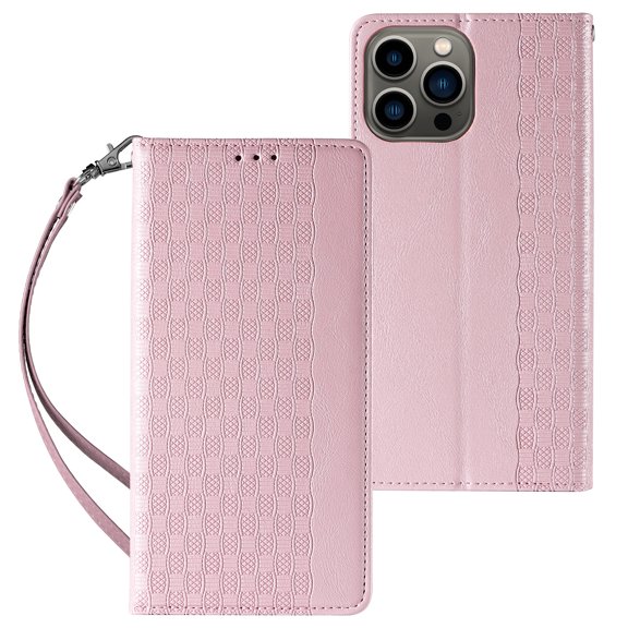 Suitable For iPhone14 Plus Mobile Phone Case New Embossed Leather Case Hand Rope Flip Cover Pink