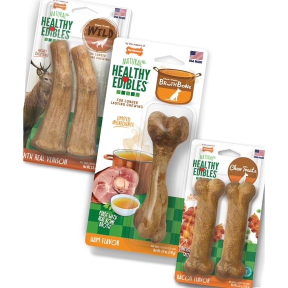 Nylabone Healthy Edibles Natural Dog Treats, Long Lasting Dog Bones, Ham, Bacon, & Venison Flavor Dog Treats, For Medium Dogs (5 Count)