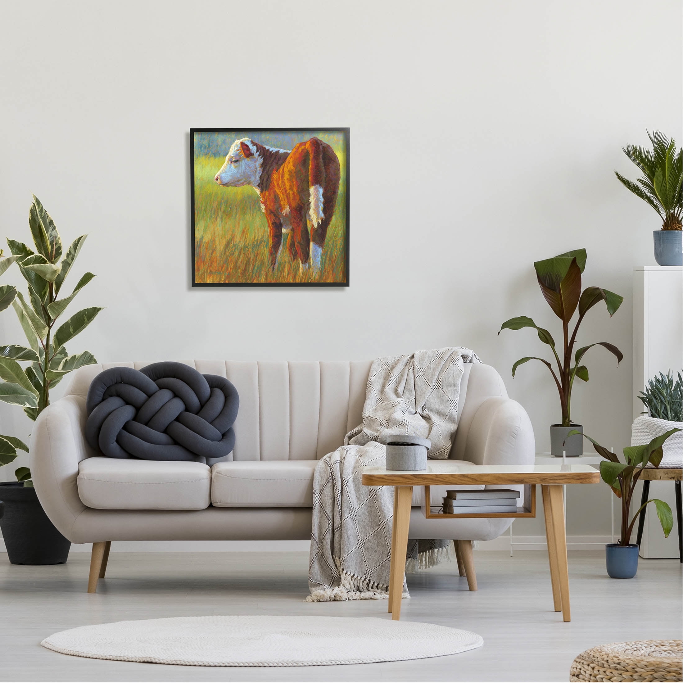Cow Grazing Grassy Farm Animals & Insects Painting Black Framed Art Print Wall Art