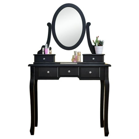 Hot Sale 2019 360° Rotation Single Mirror 5 Drawers Dressing Table Black Makeup Table with Mirror (Best Leg Makeup 2019)
