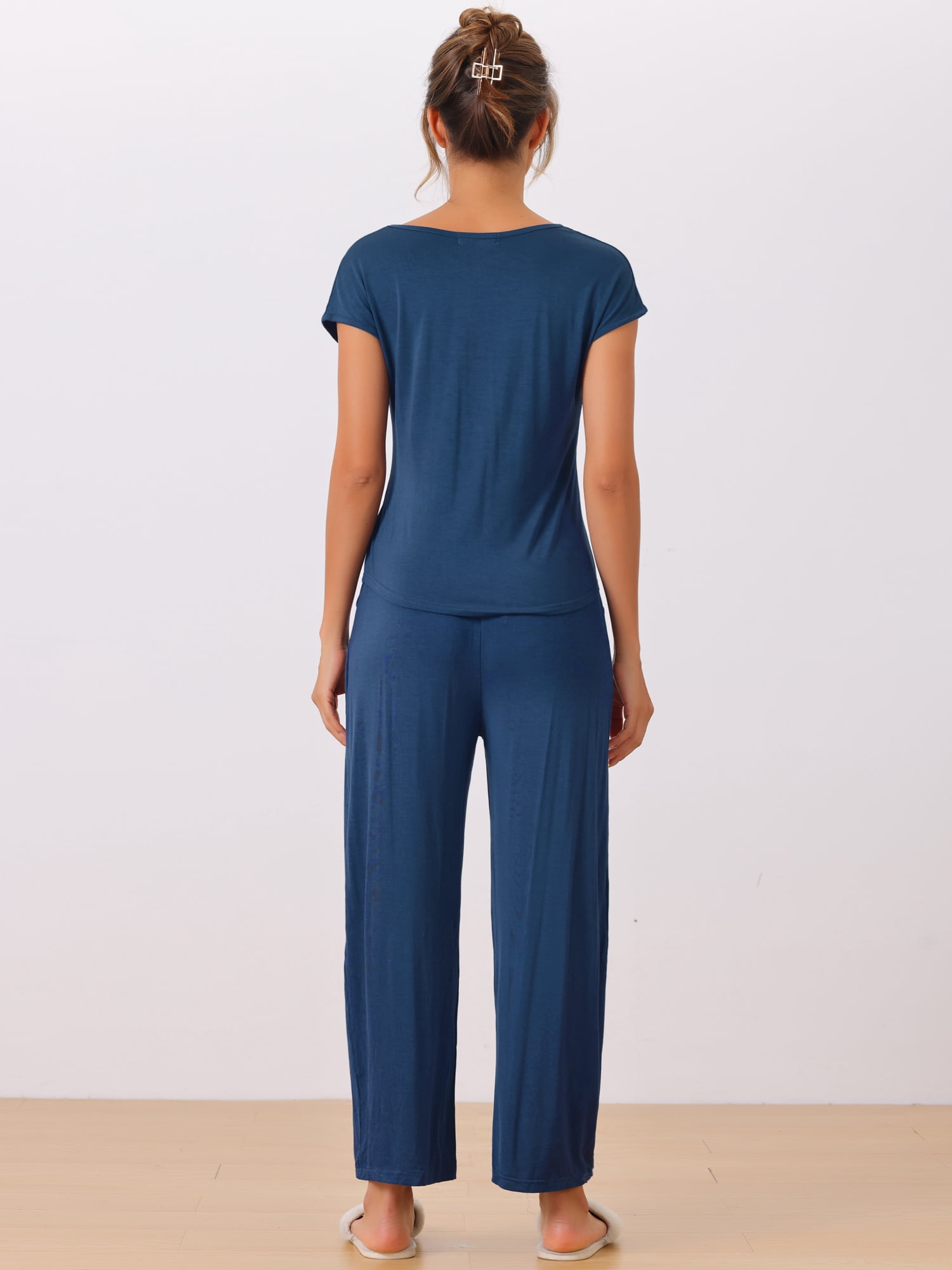 DARING DIVA Women's Short Sleeve Pajama Set Loungewear Long Pants Sweatsuit XL Deep Blue