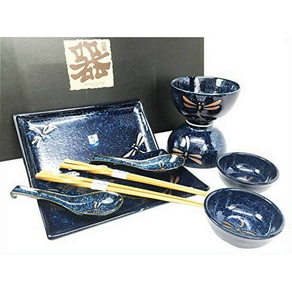 Japanese Tombo Dragonfly Blue Motif Ceramic Sushi Dinnerware 10pc Set For Two Consisting Pairs of Sushi Plates Soup Sauce Bowls Chopsticks Soup Spoons Great Housewarming Gift For Sushi Asian Dining