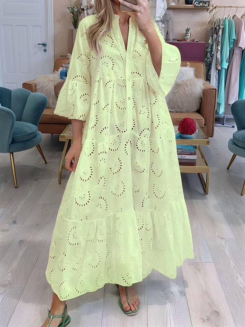 Women'S 2025 Lace Eyelet Embroidery Maxi Dress V-Neck Trumpet Sleeve Boho Flowy Swing Dress Light Yellow XL Women'S 2025 Lace Eyelet Embroidery Maxi Dress V-Neck Trumpet Sleeve Boho Flowy Swing Dress Light Yellow XL