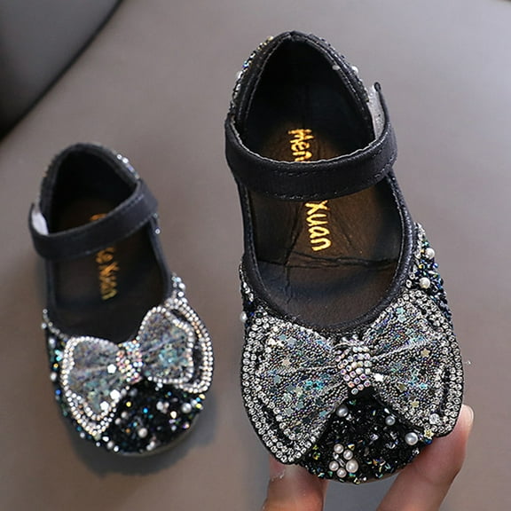 WERYOUNG Girls Sandals Summer Sparkly Sequins Rhinestone Bow Pearl Dance Performance Princess Shoes Kids Casual Party Wedding School Sandal,Black,15-18 Months