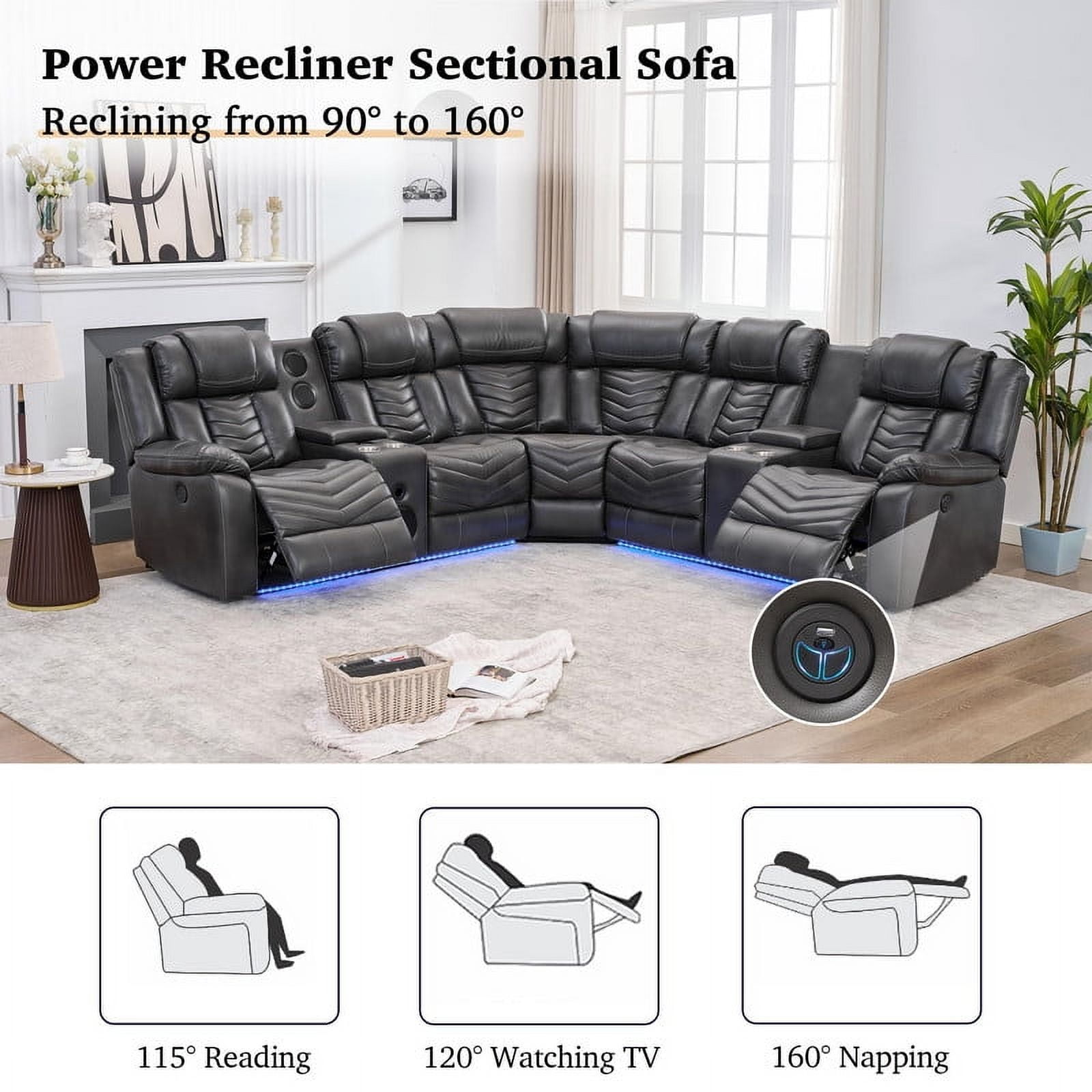 Power Reclining Sectional Sofa with Bluetooth Speakers,USB Ports,LED Lights,Cup Holders,Storage Console,Faux Leather Electric Corner L-Shaped Recliner Couch,5 Seater for Living Room Gray