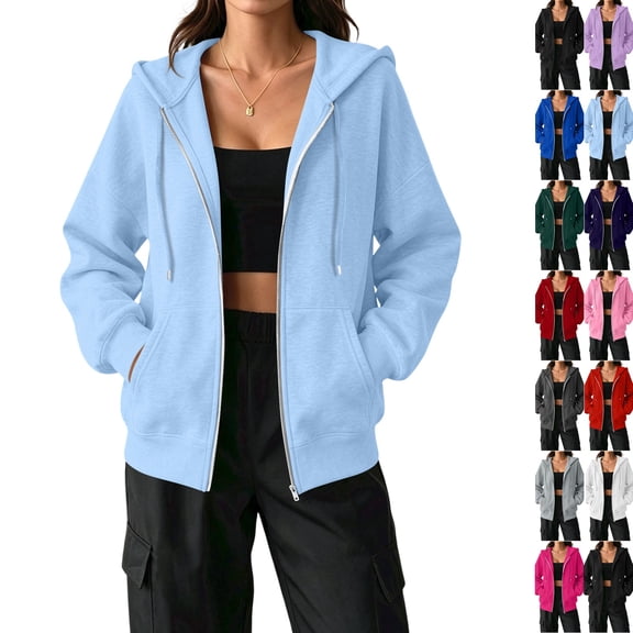 Zip Up Hoodie Women Oversized Lightweight Casual Fall Fleece Jackets Long Sleeve Drawstring Light Cute Baggy Full Zip Hooded Sweatshirt with Pockets Light Blue S