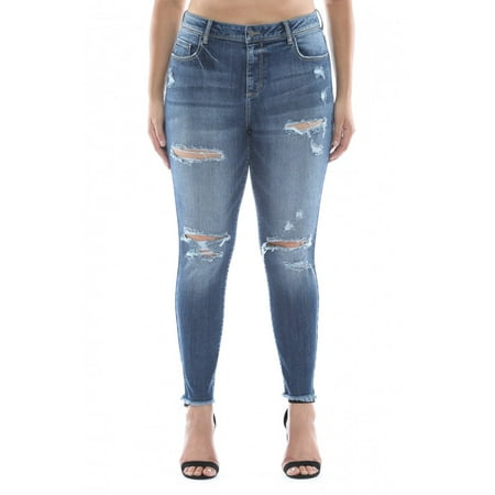 Cello Juniors' Plus Size Mid Rise Frayed Hem Destroy Crop Skinny Jean