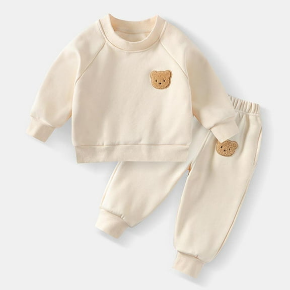 SGFCWSX Girls 2 Piece Set Toddler Winter Outfits Crew Neck Sweatshirts and Jogger Pants Sets Beige Size 2 Years