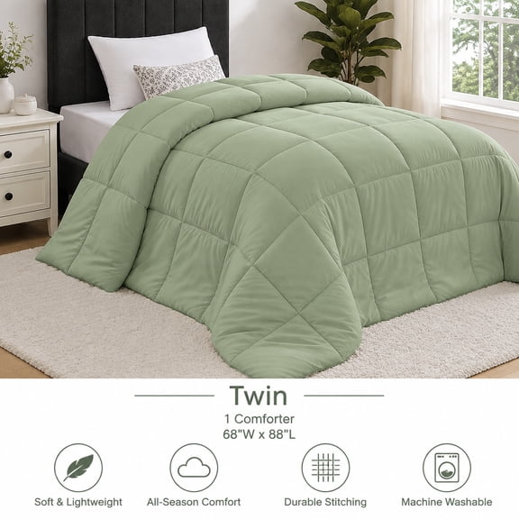 Twin Size Sage Green Comforter Duvet Insert Bedding 64 x 88 Inches Soft Cozy Warm Quilt