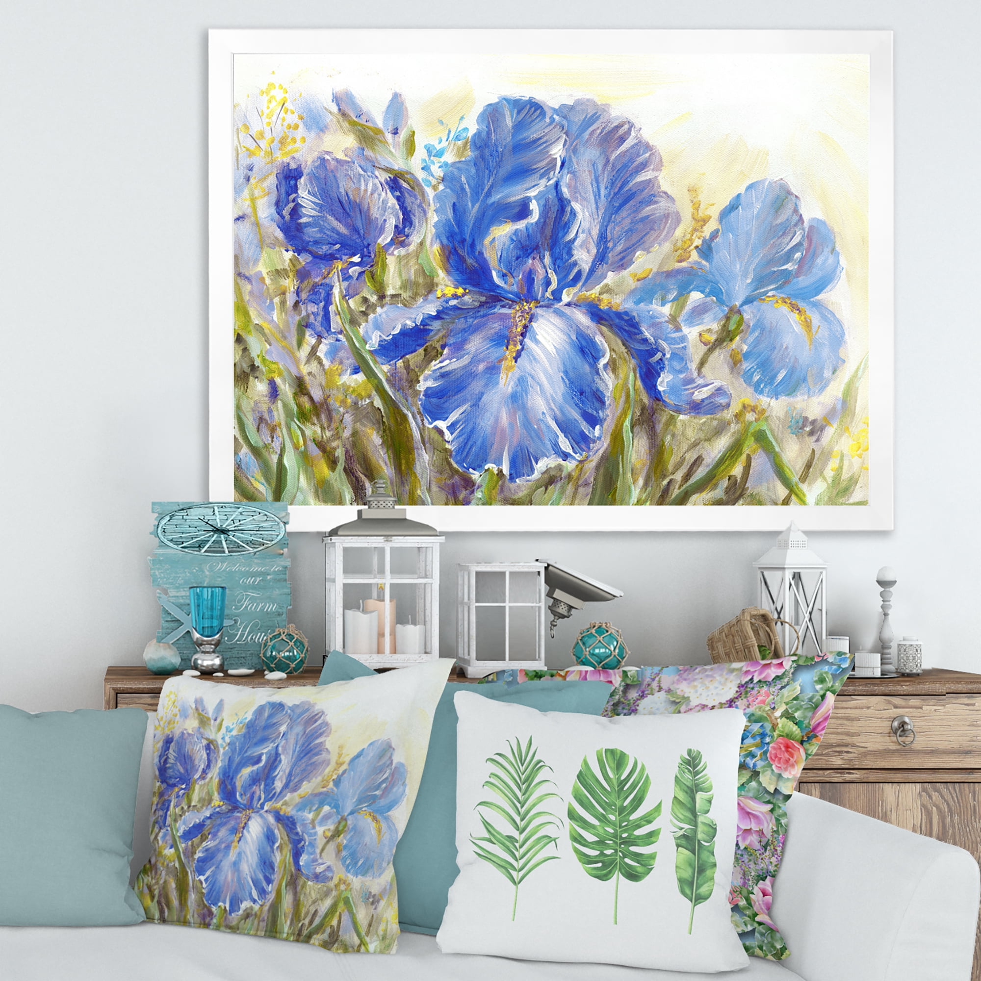 Designart 'Blue Irises Blossoming Flowers' Traditional Framed Art Print
