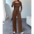 thumbnail image 4 of Women'S 2 Piece Matching Lounge Sets Fall Outfits Henley Neck Sweater Top Wide Leg Pants Sweat Suits Dark Brown L, 4 of 9