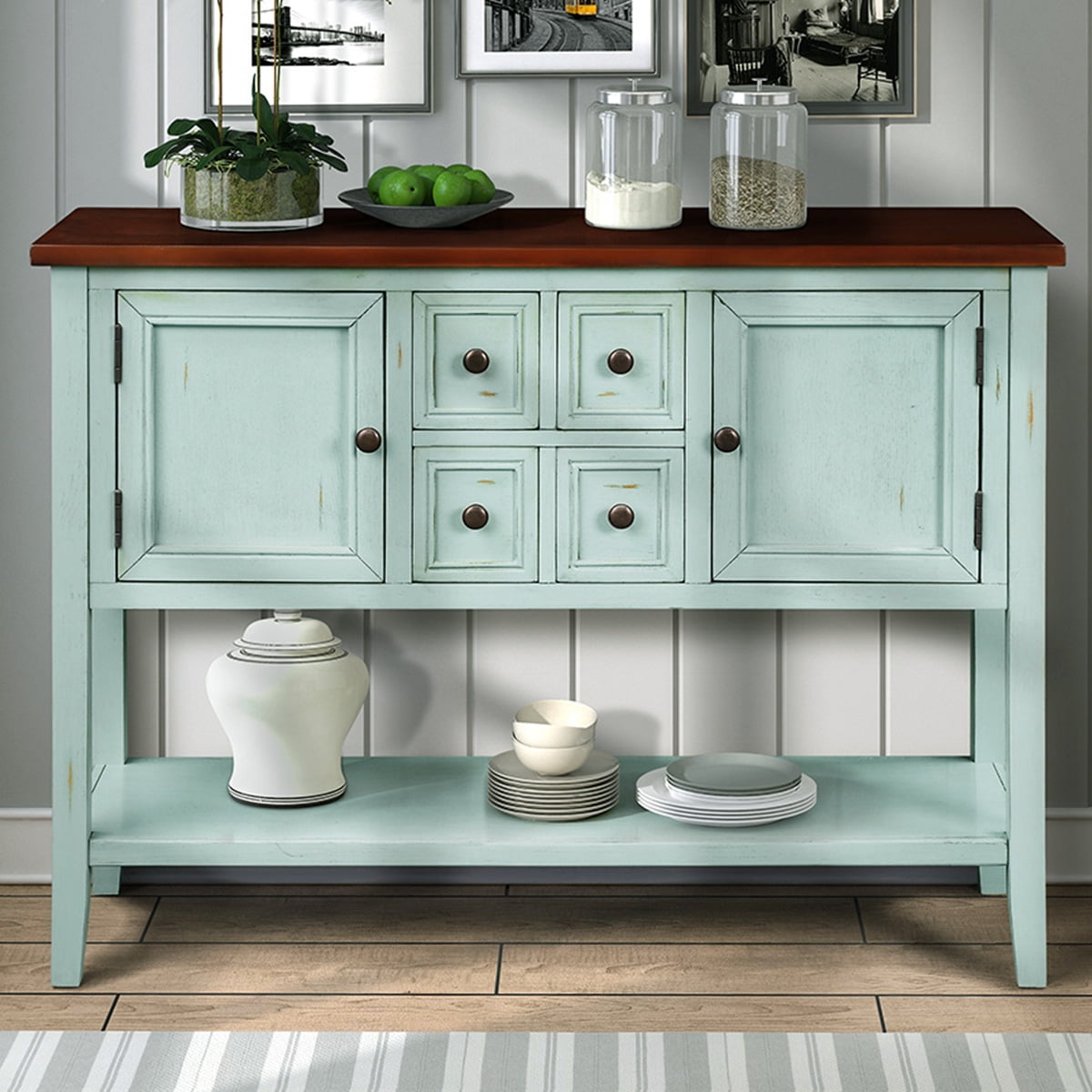 Sideboards and Buffets, Sturdy Table, Solid Wood Storage with 4 Storage Drawers, 2 Cabinets, 1 Bottom Shelf for Kitchen Bedroom, Retro Blue, Q3682