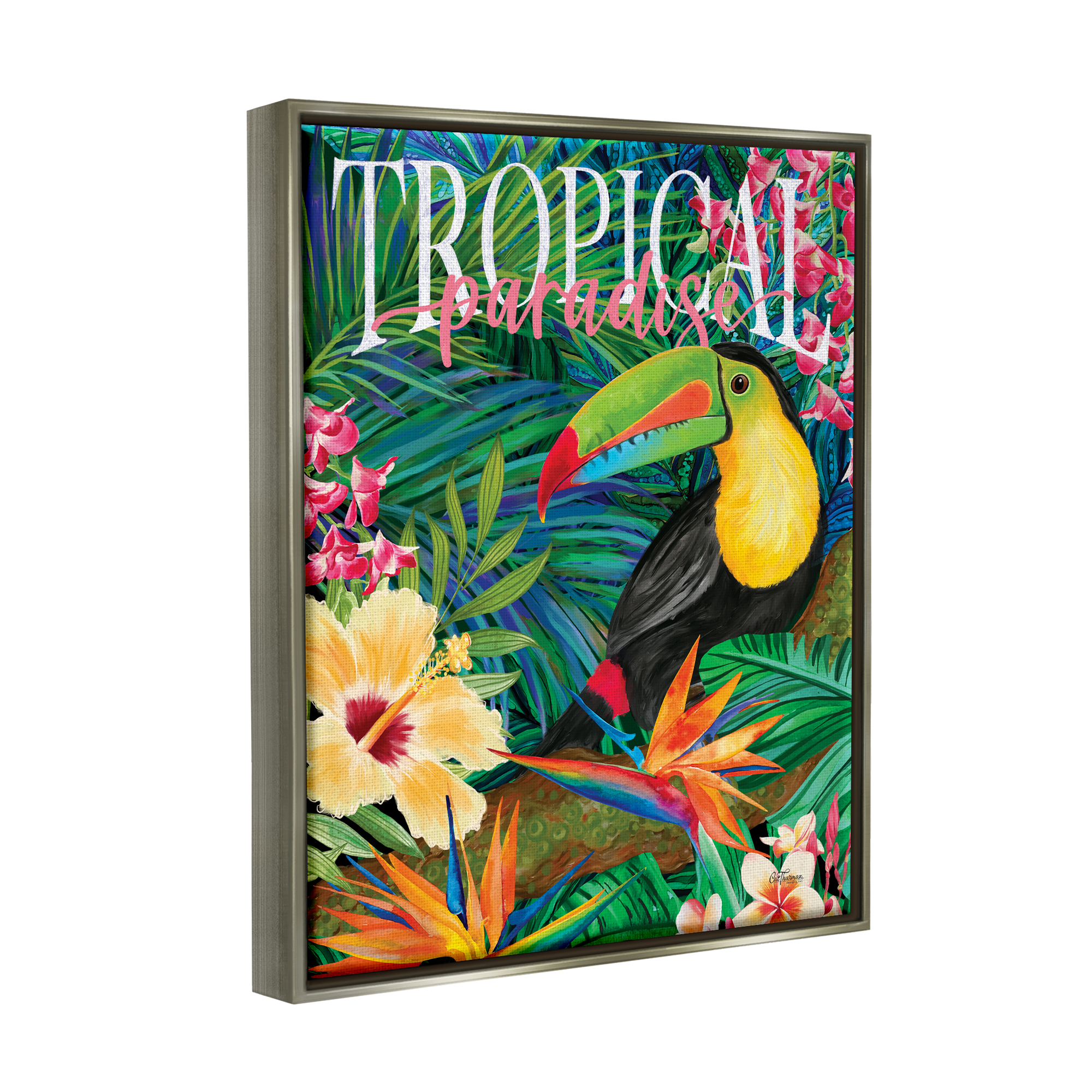 Stupell Industries Tropical Paradise Toucan Animals & Insects Painting Gray Floater Framed Art Print Wall Art, 25 x 31