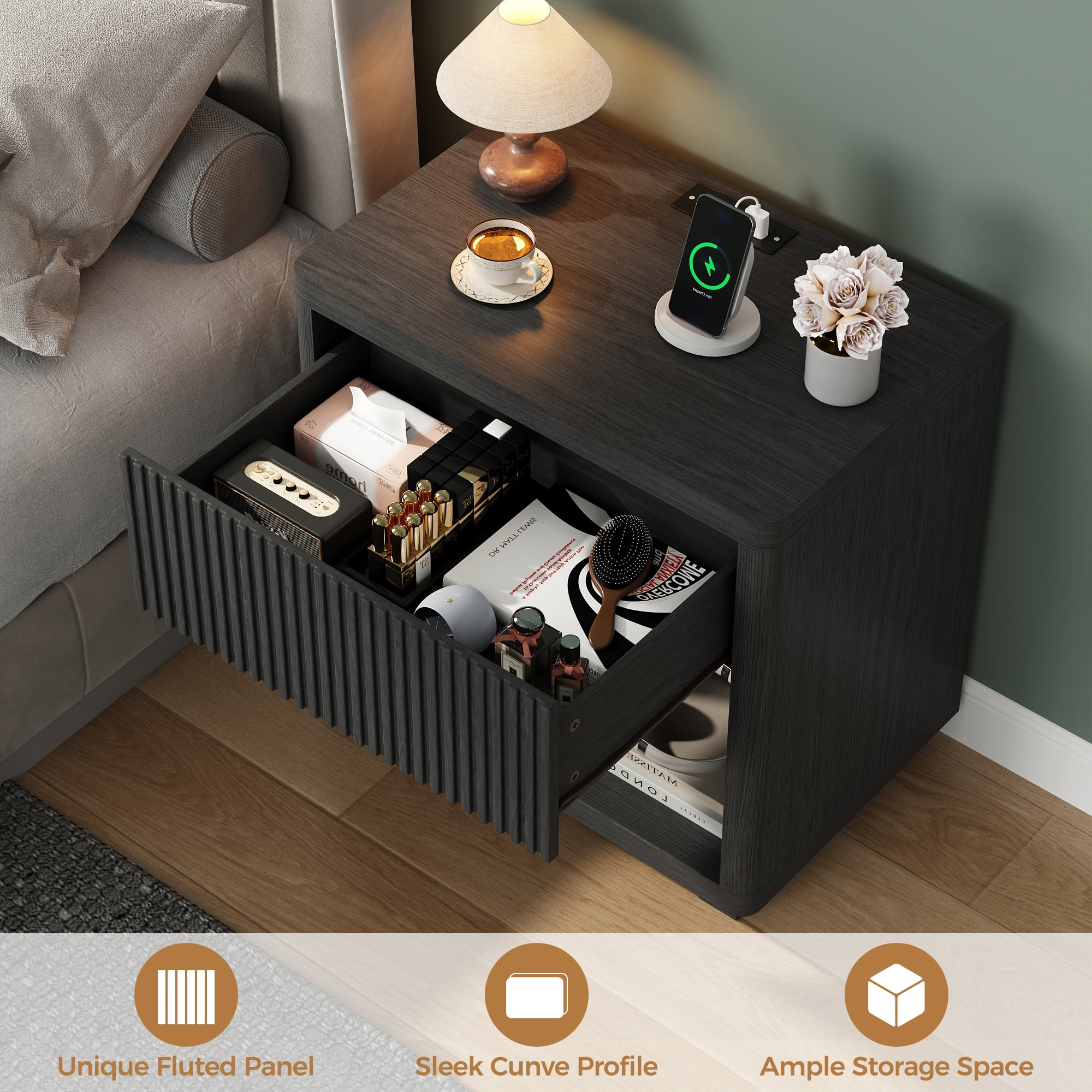 Night Stand Set 2, Nightstand with Charging Station, Modern End Table with Drawers, Bed Side Tables Set of 2 for Bedroom Living Room Sofa Couch Office(Black)
