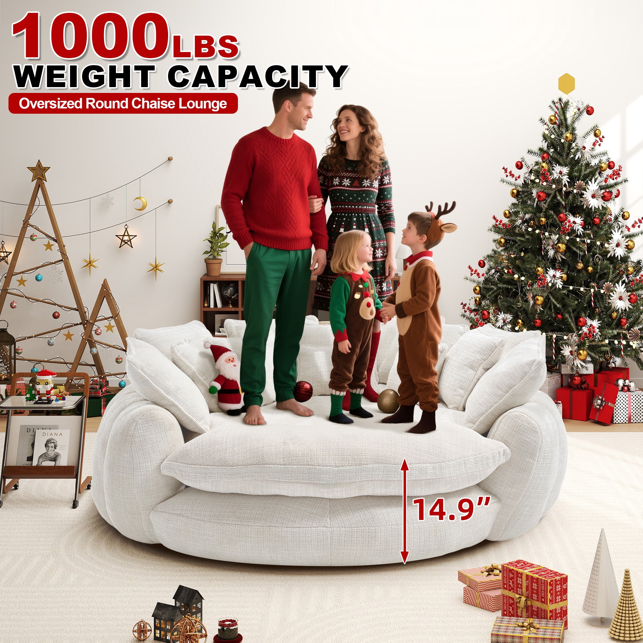 Aukfa 81.1" Oversized Cloud Couch Sleeper Sofa with Round Chaise Lounge, Modern Chenille Upholstered Boneless Sofa with Memory Foam and 14 Pillows, Beige
