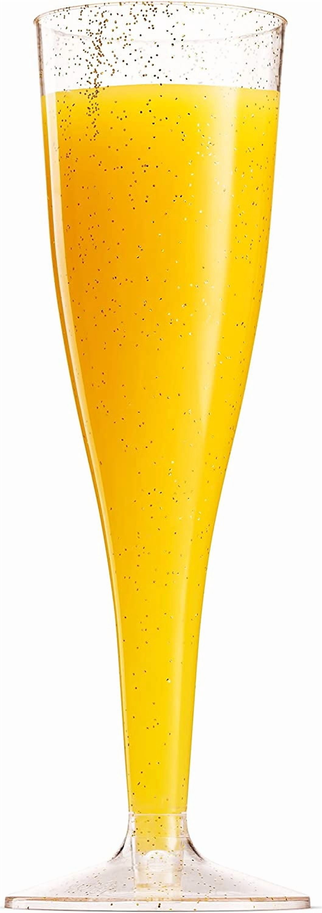 100 Plastic Champagne Flutes - 5 Oz Disposable Gold Glitter Champagne Glasses for Parties, Mimosa Bar, Events, Wedding and Shower Party Supplies - Toasting Cocktail Cups