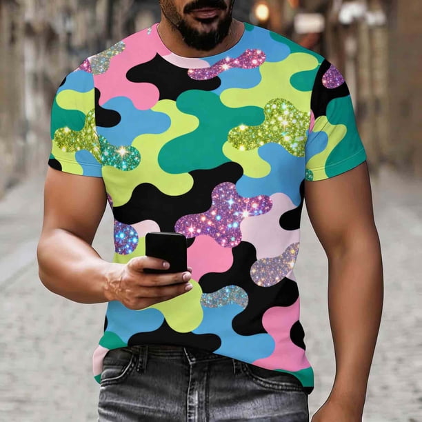 Ceisia Men's Slim Fit Iridescent Glitter Camouflage Print Crew Neck Short Sleeve Casual T-Shirt Gifts