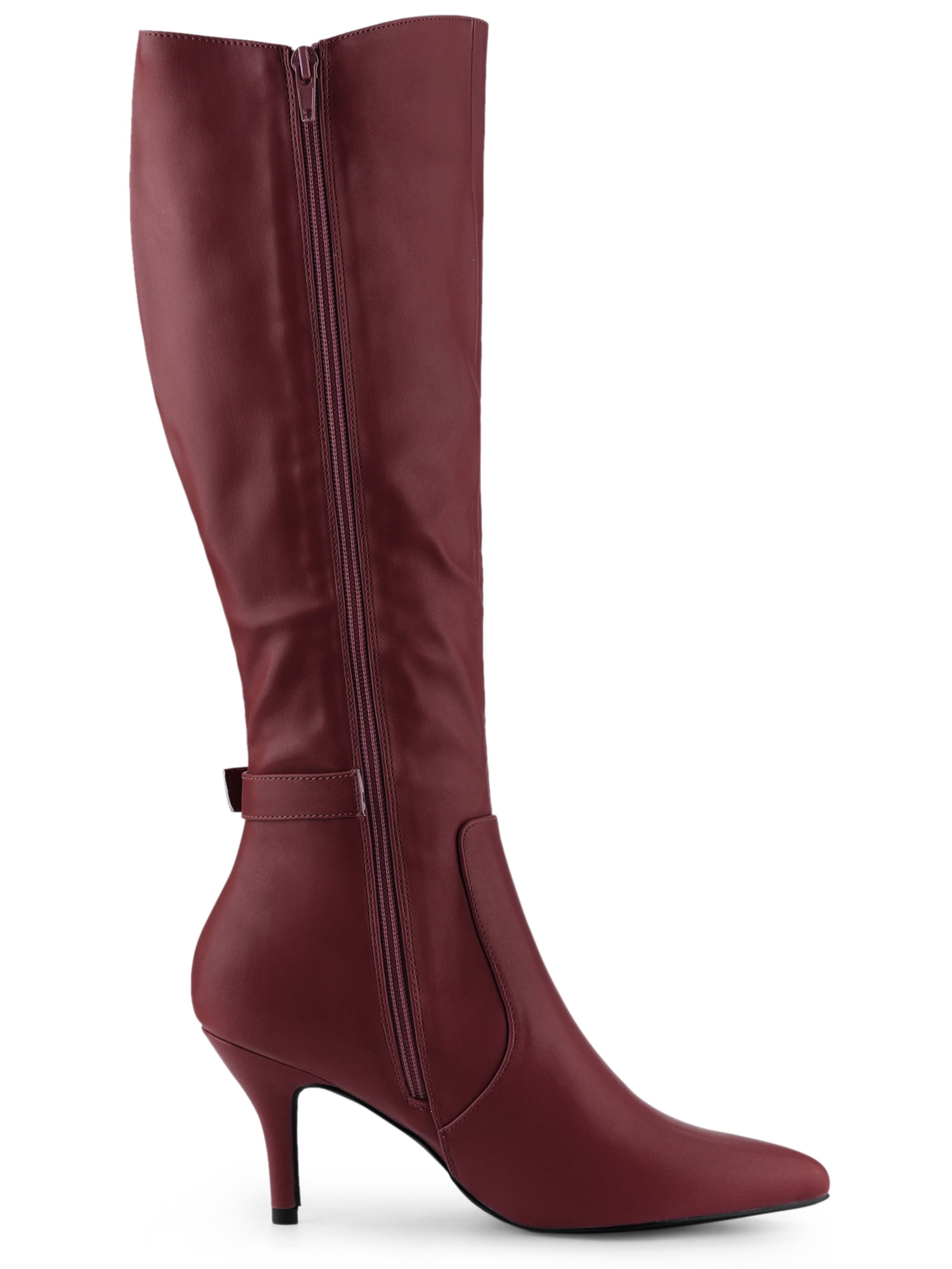 DARING DIVA Women's Pointy Toe Buckle Stiletto Heel Black Knee High Boots Burgundy 10