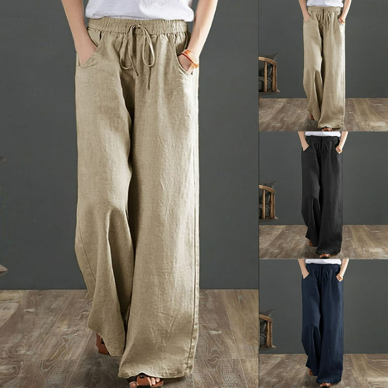 Women's Drawstring Cotton Linen Wide Leg Pants Plus Size Floor Length  Trousers with Pockets Winter Solid Color Baggy Lounge Pant