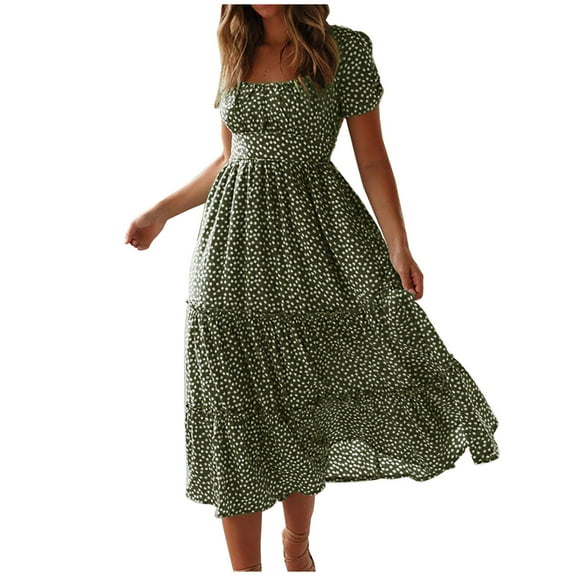 Vibrex Short Sleeve Round Neck Dot Print Dress For Women Women Casual Loose Long Maxi Summer Beach Vacation Dress Waist-Cinching Flowy Dresses for Women Elastic Lightweight Stretch Dresses