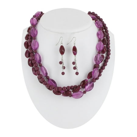- Multistrand 3 Strand Mixed Geo Bead Purple Lucite Bib Layered Necklace Earrings Set