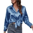thumbnail image 2 of FAOWME Women's Satin Shirt Turndown Collar Long Sleeved Solid Color Slim Fit Fashion Lightweight Blouse Top For Casual Daily Wear,Blue,M, 2 of 4