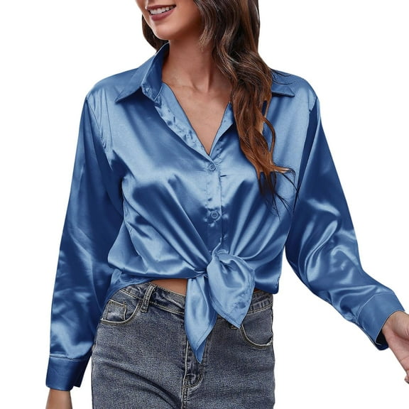 Womens Summer Tops Satin Satin Imitation Silk Long Sleeved Button Down Blouse Shirts for Women