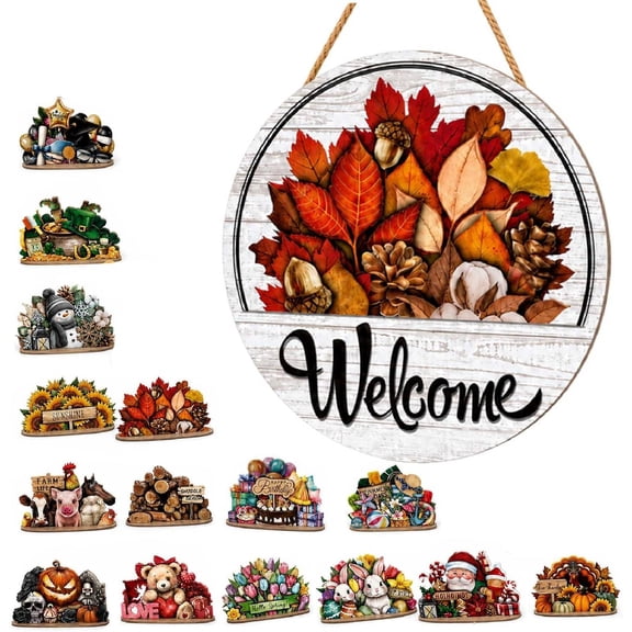 16 Pcs Interchangeable Welcome Sign for Front Door Wood Decor, Seasonal Wood Hanging Sign with 16 Changeable Icons, Rustic Farmhouse Wreath Decor for Holidays and Housewarming.(A)