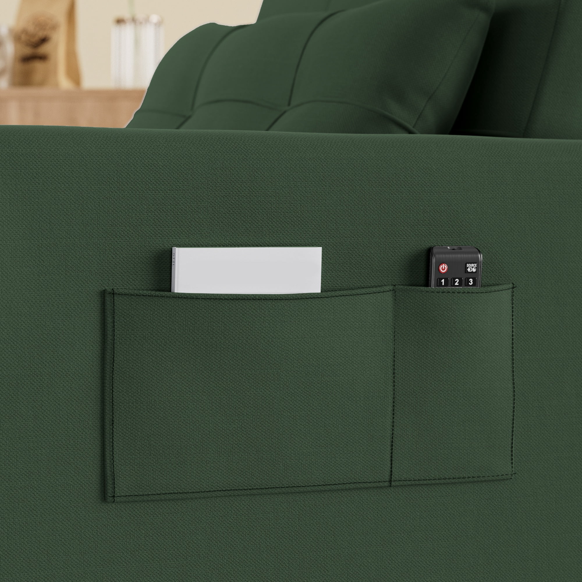 Sofa Bed Chair Convertible, Sleeper Chair with Pull-Out Bed, 3-in-1 Futon Couch with Reclining Backrest and Side Pocket, Green