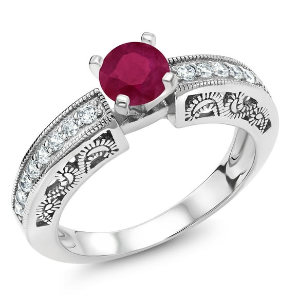 Gem Stone King 925 Sterling Silver Red Ruby Engagement Filigree Ring for Women (1.59 Cttw, Round 6MM, Gemstone July Birthstone, Size 5)
