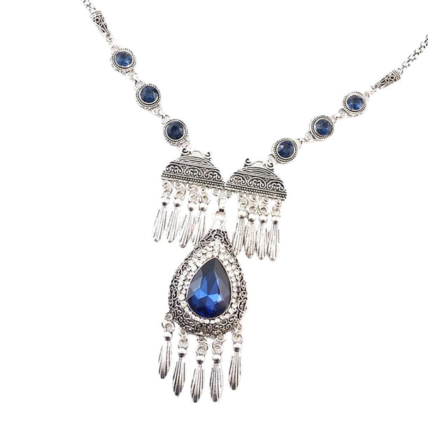 Collar llamativo con colgante de flor tallada con borla de metal, joyería para dama Azul 1