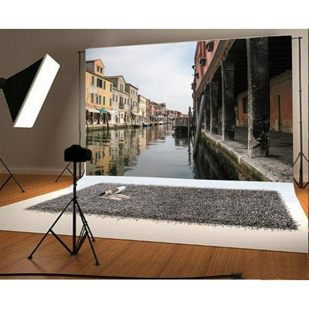 Image of MOHome 7x5ft River Cityscape Backdrop Venice Water City River House Boat Blue Sky White Cloud Nature Landscape Travel Photography Background Kids Adults Photo Studio Props