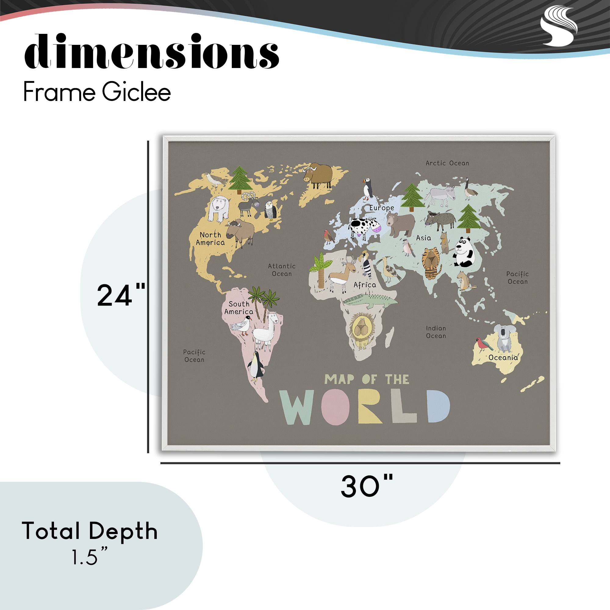 Kid's Map Of World Brown White Framed Giclee Art, design by Carla Daly