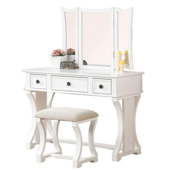 Bowery Hill Furniture Wood Vanity Set with Stool and Mirror in White