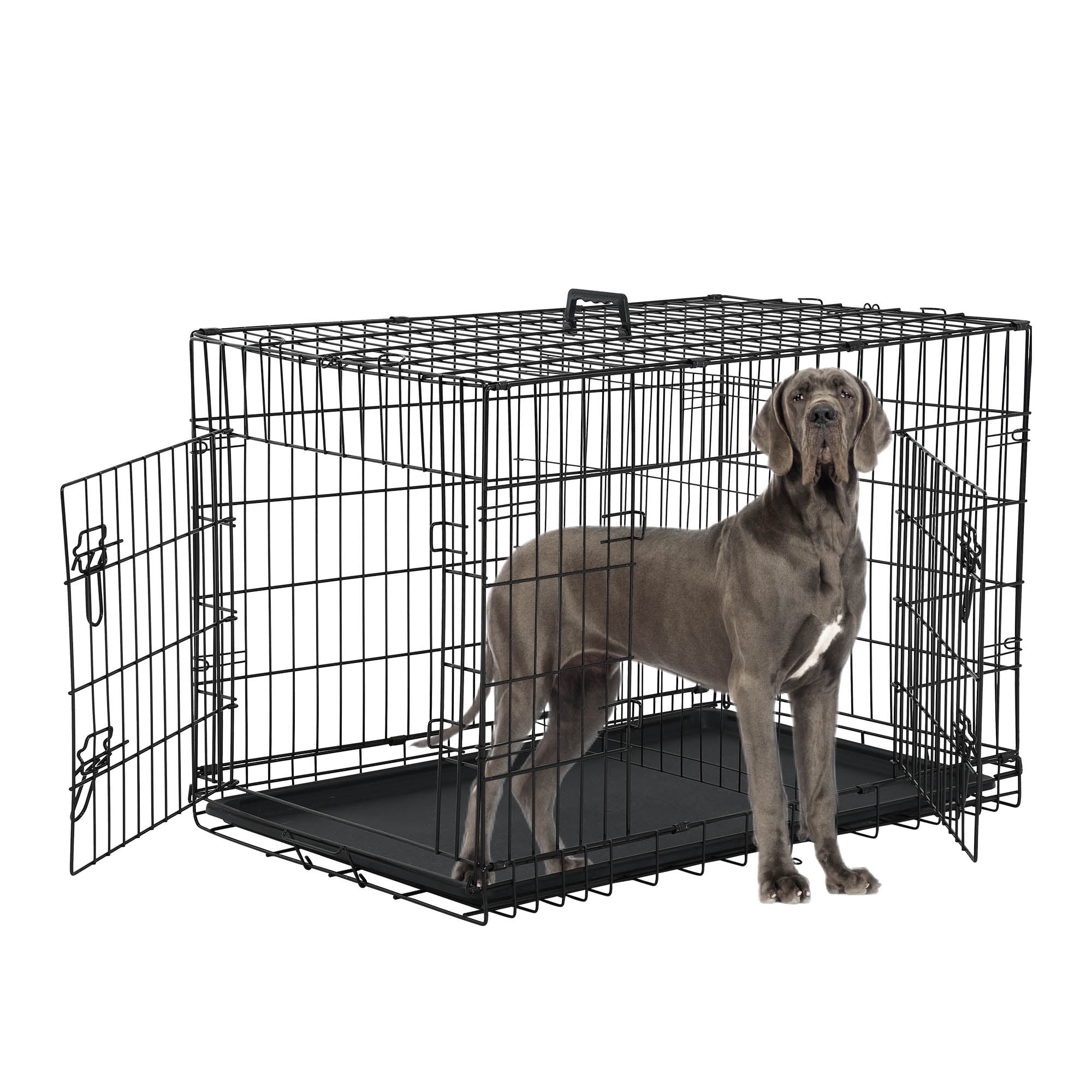CL.HPAHKL Large Dog Crate for Medium Large Dogs, 48 inch Folding Metal Dog Kennel Double Door Dog Cage with Plastic Tray, Pet Dog Wire Crate Indoor Outdoor Travel, Black