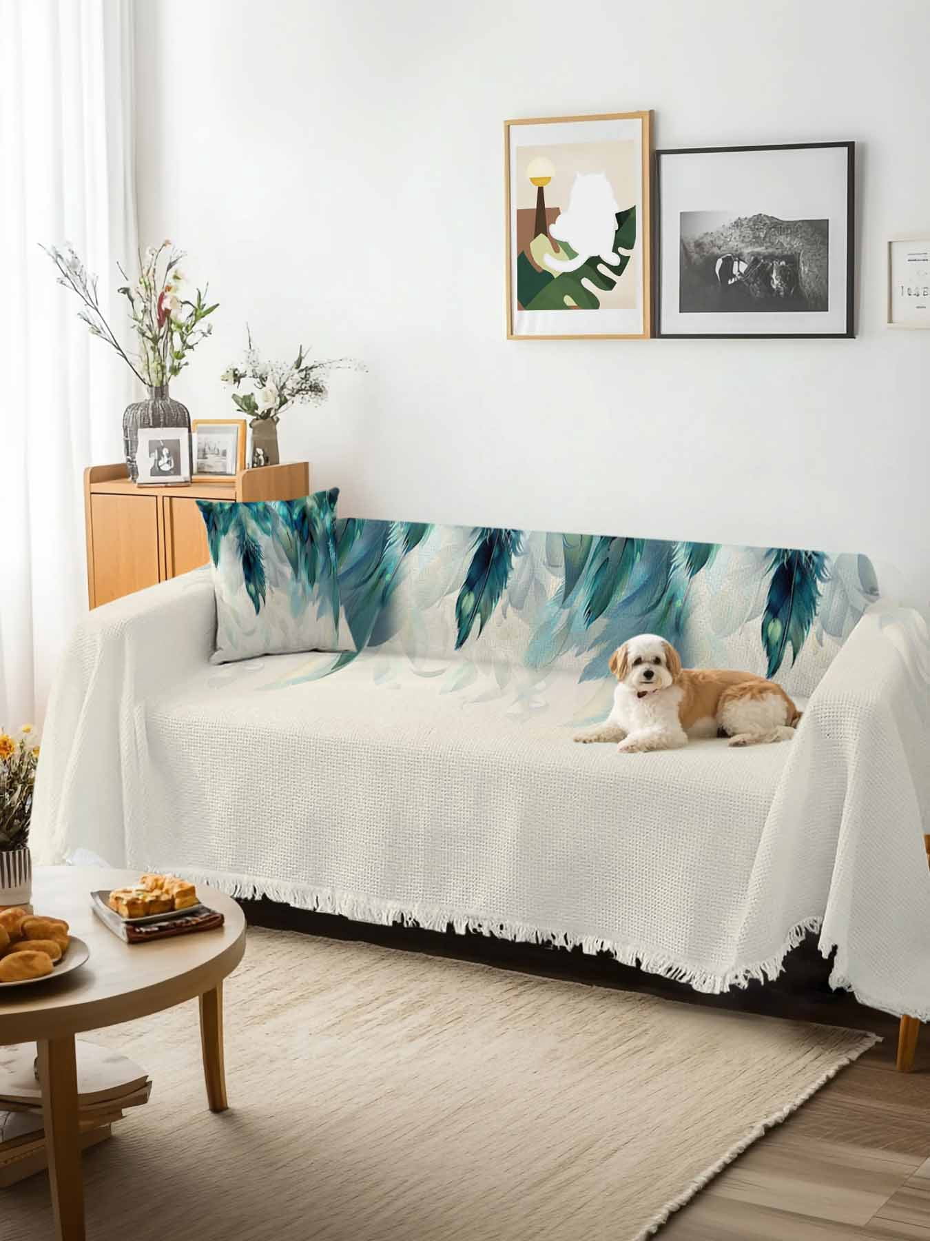 Teal Feather Couch Cover, Farmhouse Feather Art Teal Ombre Sofa Cover Blanket for Loveseat Couches, Sectional Sofa Slipcover Furniture Protector for Living Room Bedroom 71''x118''