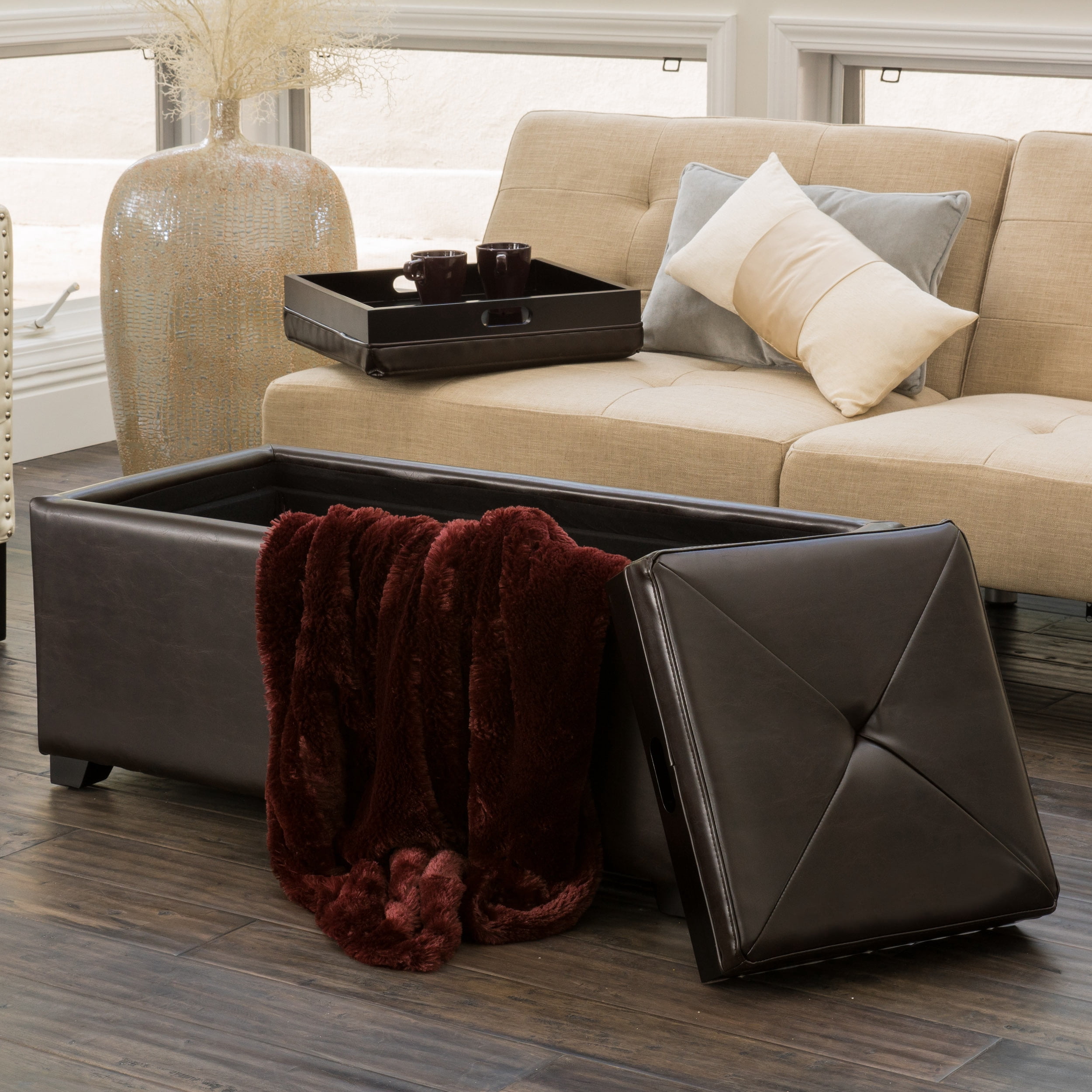 Noble House Franklin Rectangular Faux Leather Storage Ottoman, Brown