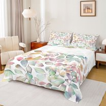 Feelyou Green Pink Leaf Twin Sheet Sets, Dreamy Cartoon Plant Twin Fitted Sheet, Teens Kids Boys Girls Flat Sheet, Breathable Home Decor, 3 Pieces