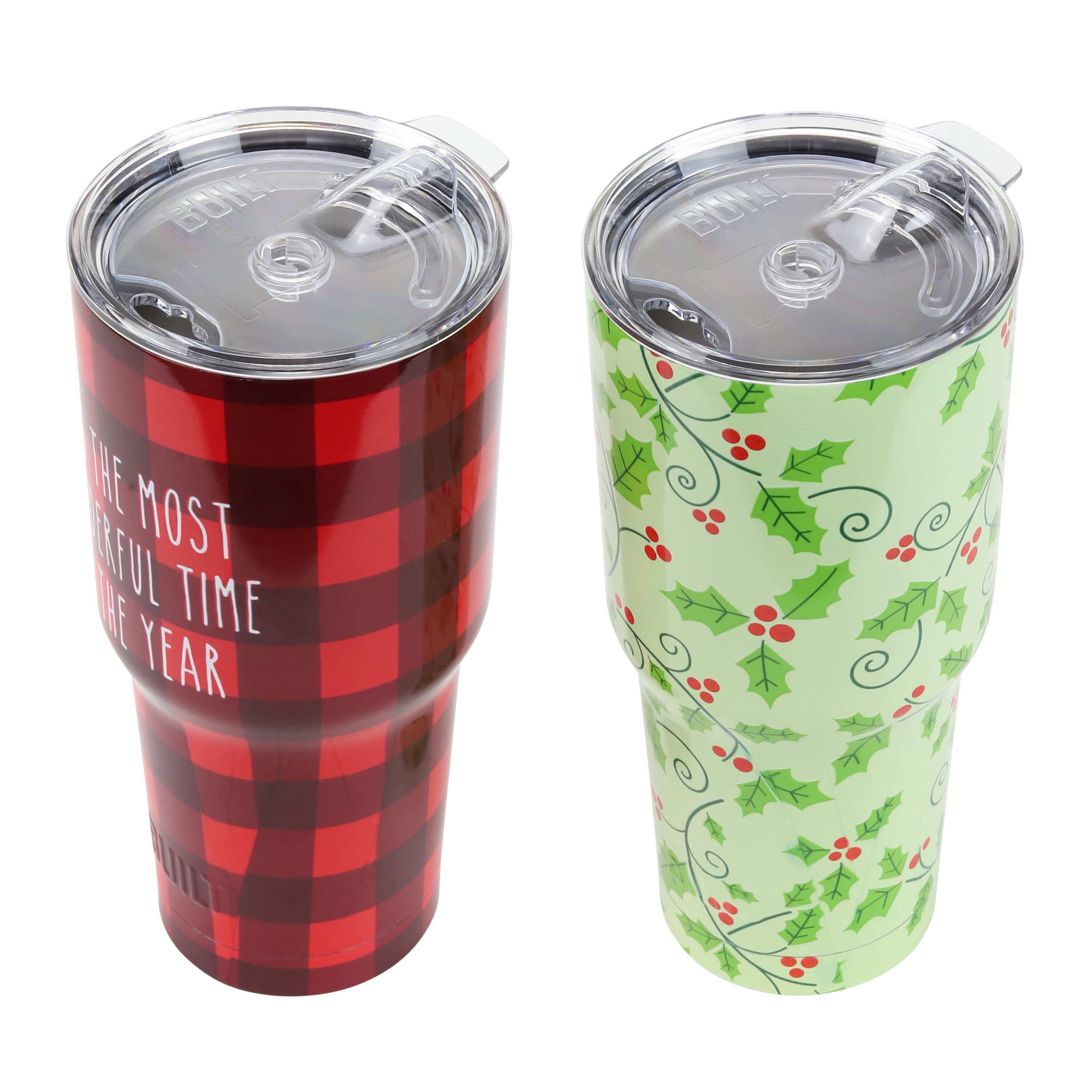 Built Holiday Tumblers 30oz Stainless Steel, Plaid and Holly Set of 2