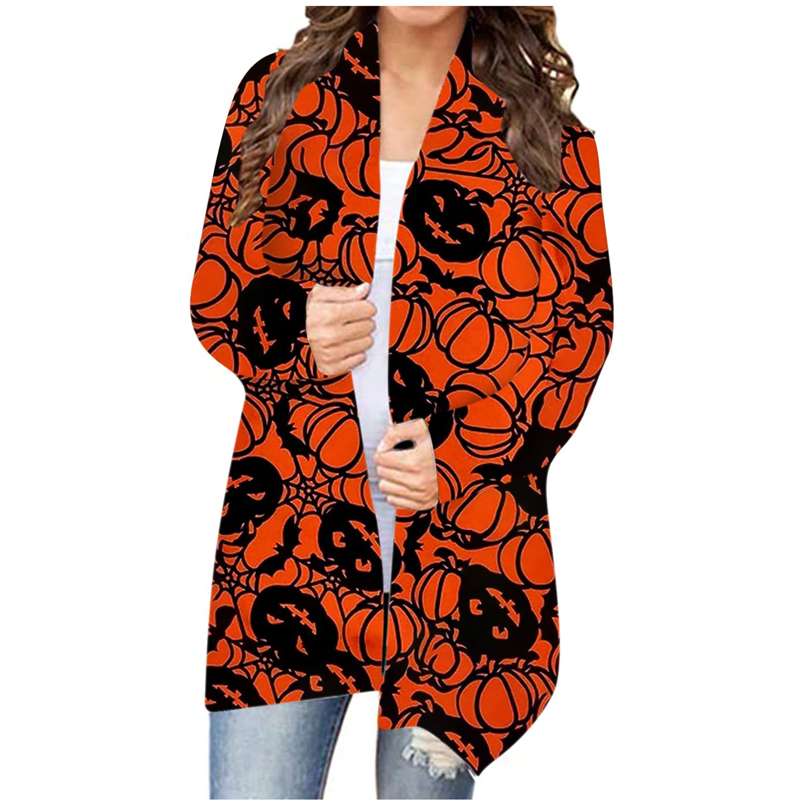 Halloween Sweaters for Women,Womens Scoop Neck Pleated Cute Pumpkin Black Cat Ghost Hoodie Lightweight Coat