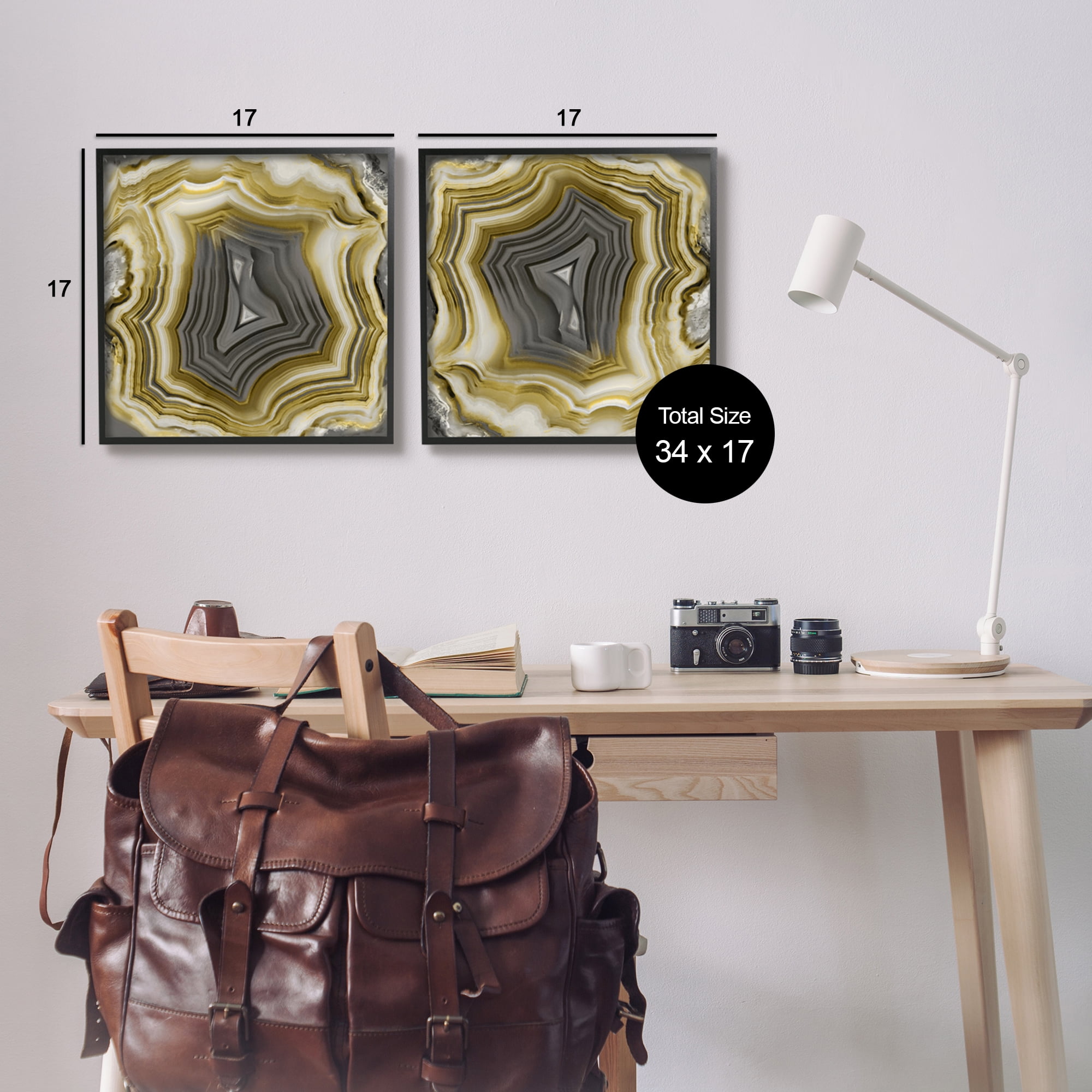 Stupell Abstract Gold & Grey Agate Nature Abstract Photography Black Framed Art Print Wall Art, Set of 2