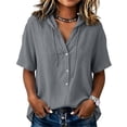 thumbnail image 4 of Feancey Womens Cotton Linen Hooded Shirt Short Sleeve Button Down Blouses Summer Casual Lightweight Hoodie Tops with Drawstring Gray XXL, 4 of 7