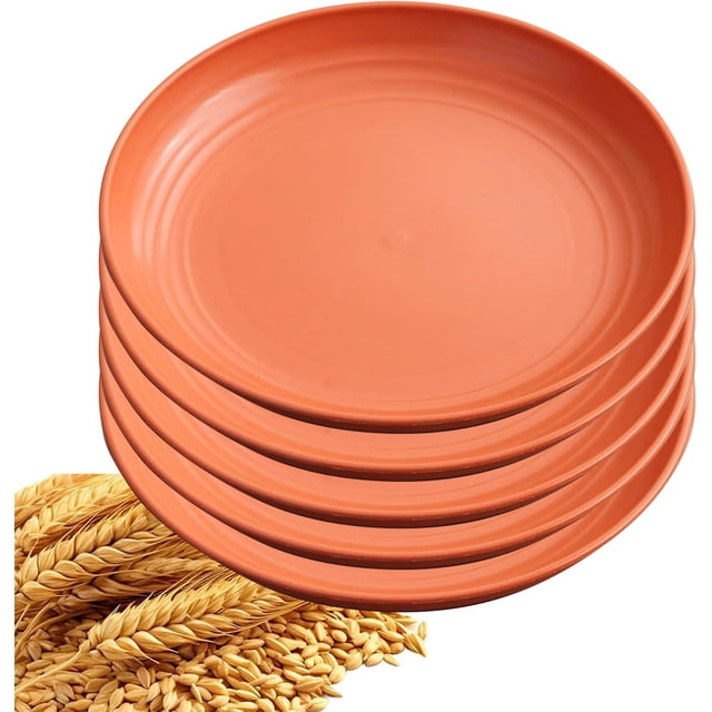 5Pcs Dinner Plates Wheats Straw Plates Set Unbreakable Reusable,Lightweight,Smooth Edge Plate Dishwasher & Microwave Safe (Orange,11 inch)