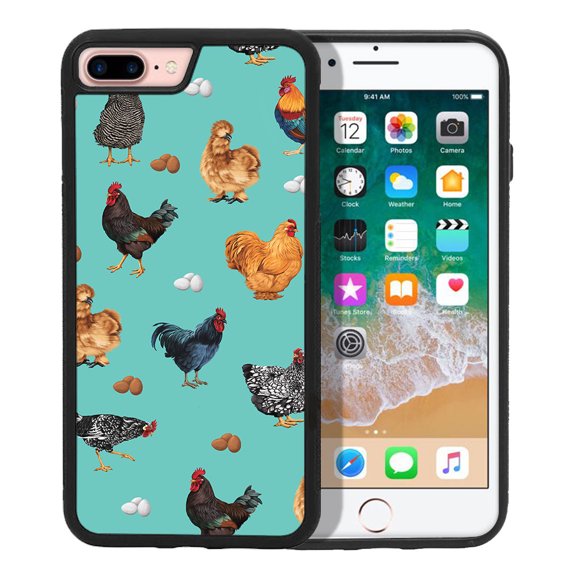 WIRESTER Shockproof Soft Rubber Cover Case for Apple iPhone 7/8 Plus 5.5", Barnyard Chicken Roosters Teal Background